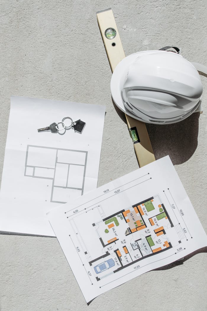 Crafting Captivating Headlines: Your awesome post title goes here Flat lay of construction plans, keys, hard hat, and level tool on concrete.